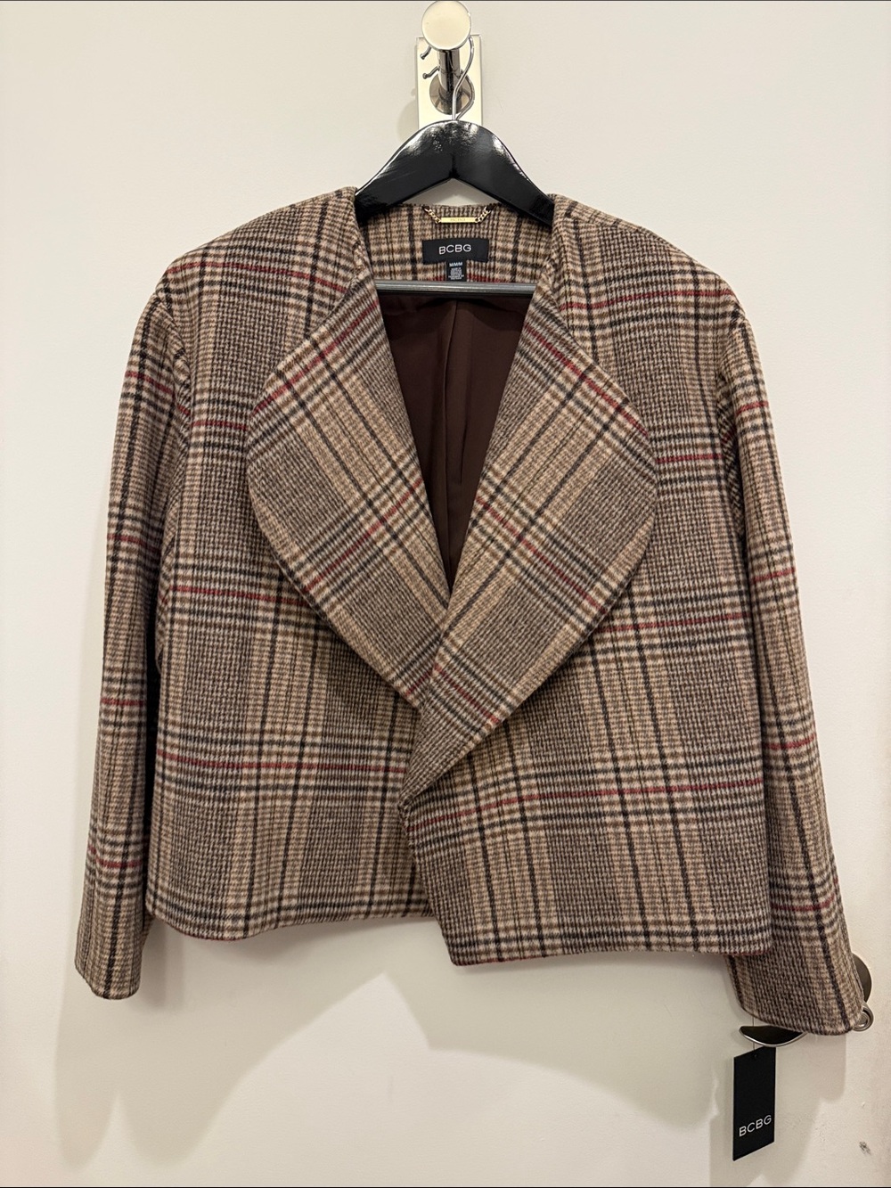 BCBG Plaid Cropped Blazer in Brown and Red Tones NWT